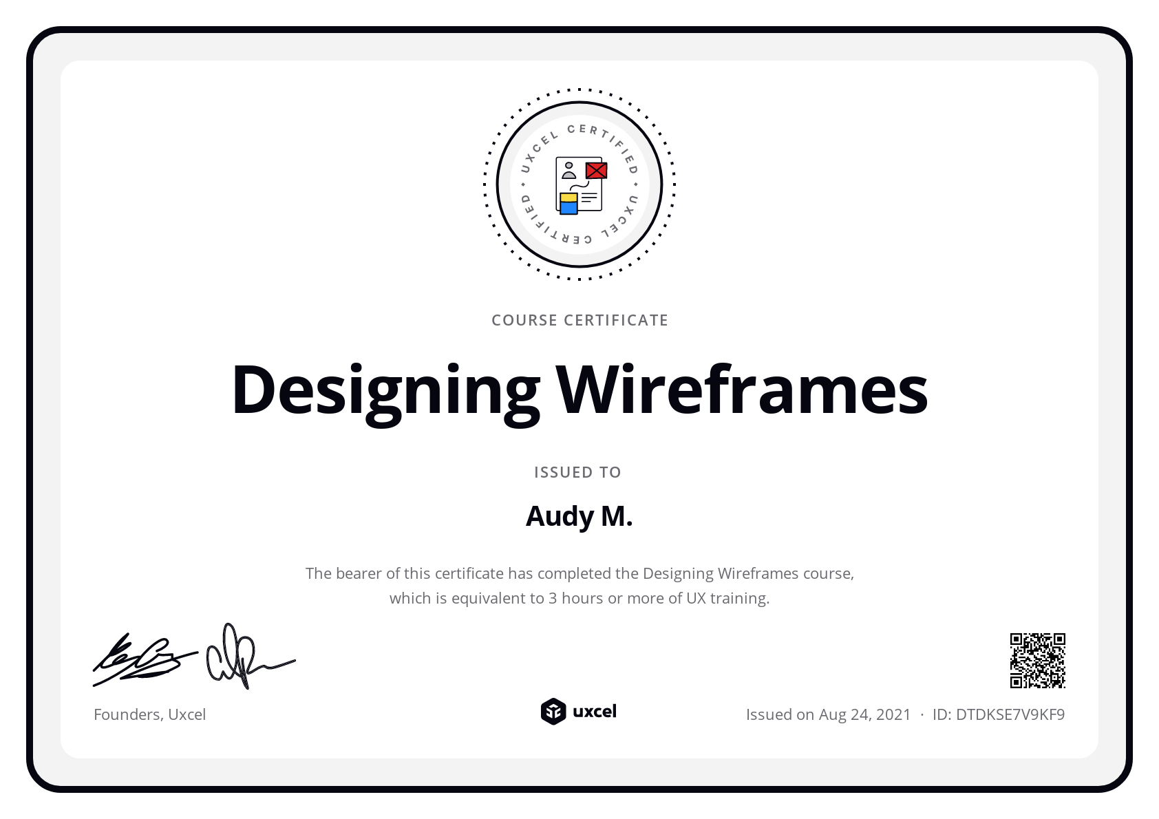 Audy M.'s certificate